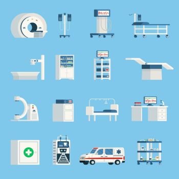 Hospital Equipment Orthogonal Flat Icons. Hospital equipment orthogonal flat icons set of high-tech devices for surgery and examination of patient isolated vector illustration