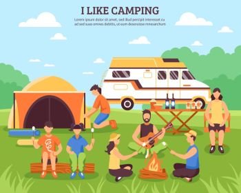 I Like Camping Composition. Camping and hiking composition with group of young people flat characters during outdoor recreation summer travel vector illustration