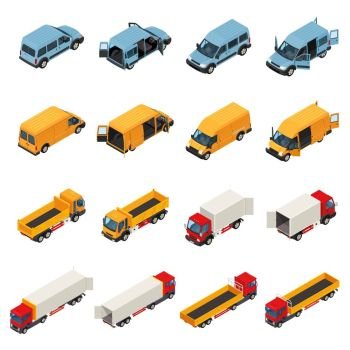 Freight Transportation Vehicles Collection. Truck isometric set of isolated cargo transport images of vehicles with opened doors of load box vector illustration