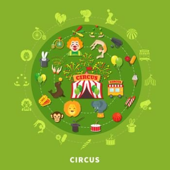 Circus vector illustration. Circus concept with entertainment symbols in circle vector illustration