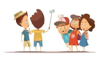 Children Making Selfie Cartoon Style Illustration. Happy children in summer clothing doing self portrait with help monopod cartoon style vector illustration