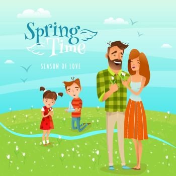 Family And Season Spring Illustration. Happy family walking along blooming field and gathering snowdrops cartoon vector illustration