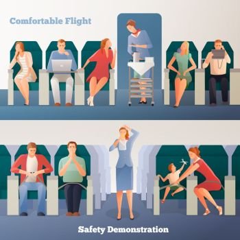 People In Airplane Horizontal Banners. People in airplane horizontal banners with sitting passengers stewardess with drinks and safety demonstration isolated vector illustration 