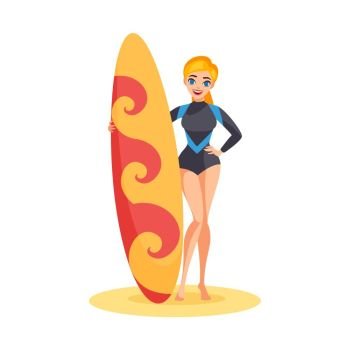 Sunny Athletic Girl. Sunny athletic girl holding colorful surfboard standing on sand in flat style isolated vector illustration 