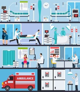 Hospital Interior Flat Compositions. Hospital interior flat compositions with ambulance car nurses with patient on stretcher doctors in operating room vector illustration   