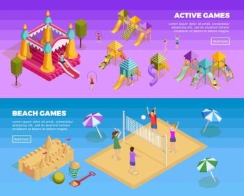 Playground Banner Set. Two horizontal playground banner set with active games and beach games descriptions vector illustration