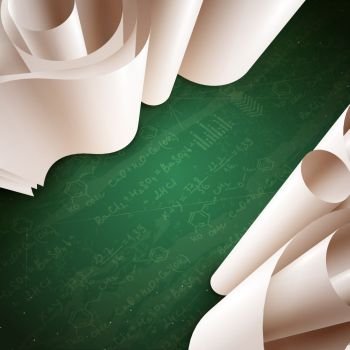 3d Paper Roll Background. 3d blank paper rolls on green background with notes and formulas realistic vector illustration