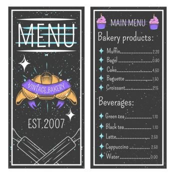 Vintage Bakery Menu Template. Vintage bakery menu template on black background with emblem, price list for pastry and beverages vector illustration 
