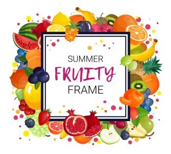 Summer Fruits Frame Background. Berries and fruits juice frame composition of natural greengrocery slices with colorful dots and decorative text vector illustration