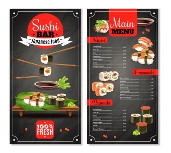 Sushi Bar Menu. Sushi bar menu with label, chopsticks, price list for nigiri, maki on black background isolated vector illustration