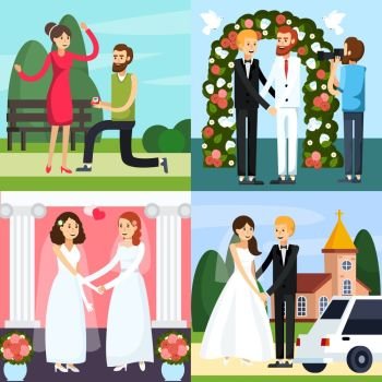 Wedding People Orthogonal Icon Set. Four square colored wedding people orthogonal icon set with different types of couple vector illustration