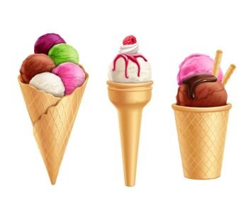 Realistic Ice Cream Set. Set of realistic colorful ice cream in waffle cones with berry and chocolate syrup isolated vector illustration   