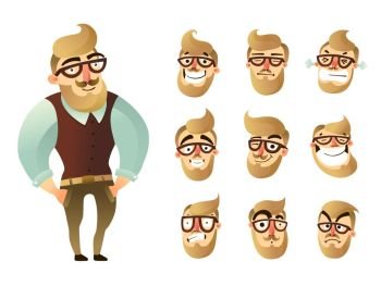Emotions Man Icon Set. Colored emotions man icon set with figure of hipster and his face expressions vector illustration