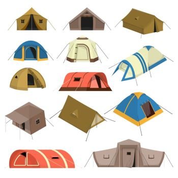 Colorful Tourist Tents Set. Set of colorful tourist tents of various design with canopy windows and rope isolated vector illustration 