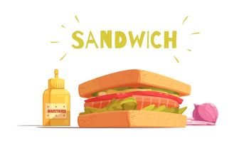 Sandwich Cartoon Design. Sandwich cartoon design with toasts salmon tomato salad sliced onion and mustard on white background vector illustration  