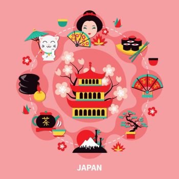 Japan Landmarks Design cCmposition . Japan landmarks design composition with historic building in center and traditional symbols of nature and culture around flat vector illustration
