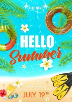 Summer Beach Vacation Club Poster. Tropical summer vacation beach club colorful invitation poster  with lifebuoy ring suncream and hibiscus flowers vector illustration 