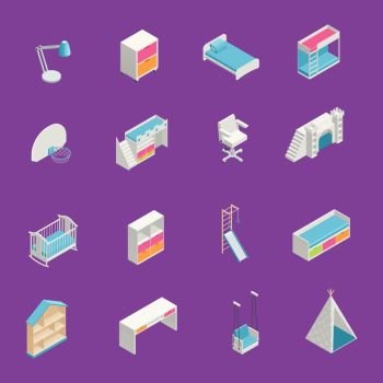    Kids Room Icons Set.    Kids room isometric icons set with furniture on purple background isolated vector illustration