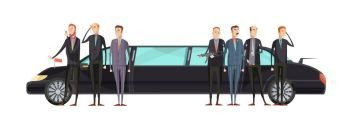 Intelligence Agency Flat Composition. Intelligence agency flat composition with special services workers stand near representative limousine vector illustration
