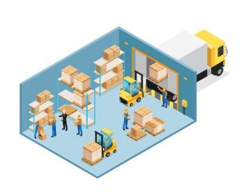 Warehouse Inside Isometric Composition. Warehouse inside isometric composition including manager and workers, forklifts, shelves with goods, unloading cargo vector illustration 