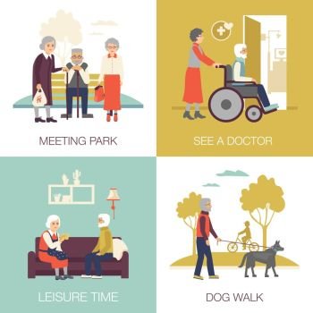 Old Age People Design Concept 2x2. Old age people in different situations design concept 2x2 flat isolated icons set vector illustration