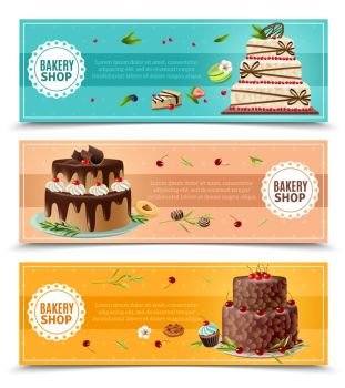 Cakes Banners Set . Cakes horizontal banners set with bakery symbols cartoon isolated vector illustration 