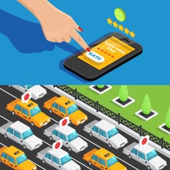 Mobile App Taxi Service Isometric Banners . Mobile app taxi service isometric horizontal banners with smartphone icon and yellow taxi cars moving in city traffic vector illustration 