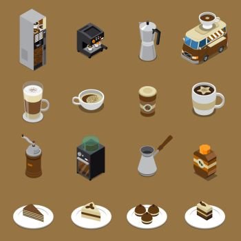 Coffee Isometric Set. Coffee isometric set with beverages and sweets on plates vending machine grinder cezve car isolated vector illustration 