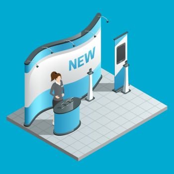 Exhibition isometric stand. Exhibition isometric stand with female promoter and ad bilboard vector illustration