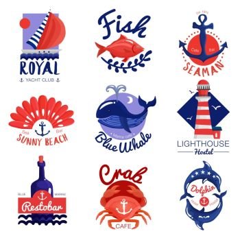Nautical Emblems Set. Set of nautical emblems for cafe, club, hostel with calligraphic letterings, anchor, sea animals isolated vector illustration 