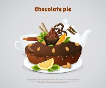 Glazed Chocolate Pie Illustration. Glazed chocolate pie decorated nuts and fruits with white teapot and cup on grey background vector illustration