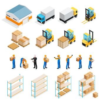 Warehouse Isometric Set. Warehouse isometric set including manager and workers, goods, trucks and forklifts, pallets and shelves isolated vector illustration