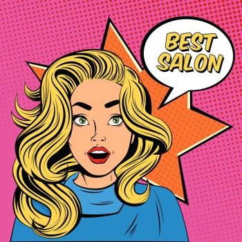 Young Lady Hairstyle Salon Advertisement Poster. Hairdresser salon comics style retro advertisement poster with attractive young blond girl with wavy hair vector illustration 