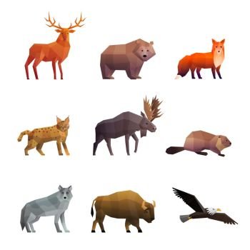 Northern Wild Animals Polygonal Icons Set . Wild northern animals 3d colorful polygonal icons set with wolf fox bear and eagle isolated vector illustration 