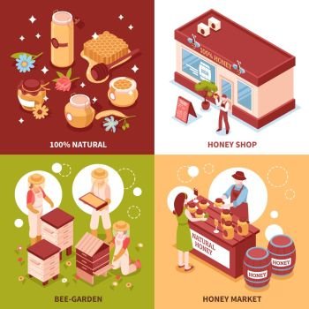 Honey Production 4 Isometric Icons . Bee keeping honey production and sale 4 isometric icons concept with beehives and market isolated vector illustration 