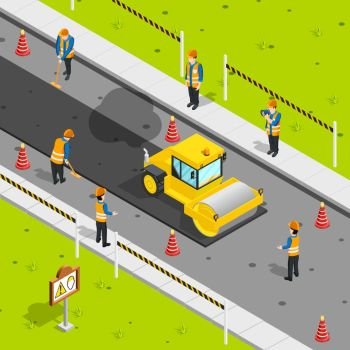 Asphalt Laying Isometric Composition. Construction icons isometric composition with steam roller laying asphalt on roadway with safety cones and workers vector illustration