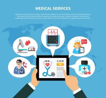 Online Medical Services Flat Design. Flat design with online medical services around mobile device in hand on textured blue background vector illustration