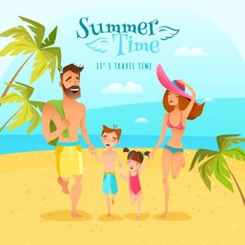 Family Season Summer Illustration. Happy family with two children spending summer season at seaside cartoon vector illustration