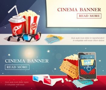 Cinema Entertainment Flat Horizontal Banners. Cinema entertainment flat horizontal banners with decorative elements of modern cinematography in retro style vector illustration