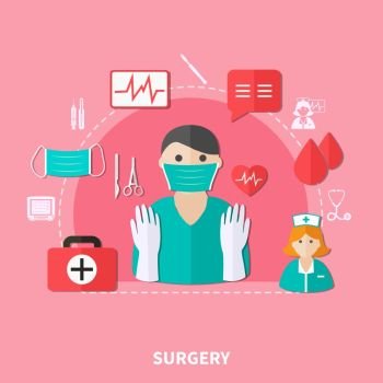 Surgery Flat Composition. Surgery flat composition with doctor nurse blood cardiogram computer and medical tools on pink background vector illustration