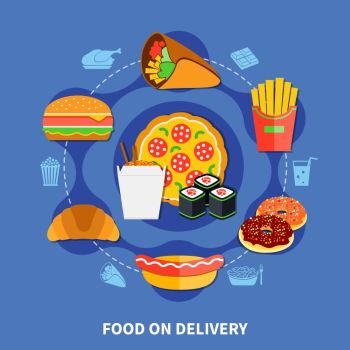 Fast Food Delivery Service Flat Poster. Fast food restaurant delivery service flat online menu poster with pizza burger donuts blue background  vector illustration 