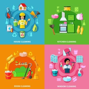 Cleaning Square Compositions Set. Four colorful square backgrounds with image compositions of cleaning facilities washing agents characters doodle style icons vector illustration