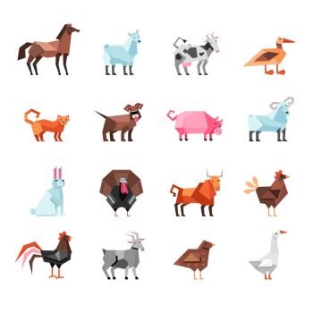 Geometric Farm Animals Set. Geometric farm animals and birds colorful set isolated on white background flat vector illustration
