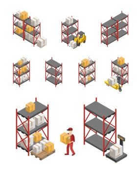 Storage Racks Set. Isometric set of storage racks equipment and worker carrying box isolated vector illustration