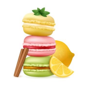 Tasty Ratafee Cakes Composition. Macaroon composition with three almond cakes on top of each other with cinnamon stick and lemon slices vector illustration