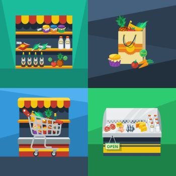 Supermarket 2x2 Flat Design Concept   . Supermarket 2x2 flat design concept with best price eco food shopping cart and fresh products compositions vector illustration   