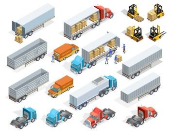 Transportation Isometric Elements Set. Transportation isometric elements set with loaded and empty trucks trailers boxes forklifts and workers isolated vector illustration