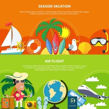 Vacation Flat Banners Set. Vacation travel flat horizontal banners with compositions of tourist flying and offshore images with editable text vector illustration