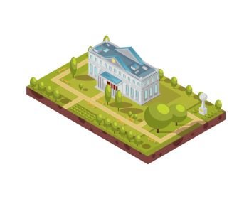 Historic University Building Isometric Layout. Isometric layout of historic university building with monument walkways and benches in surrounding park 3d vector illustration  