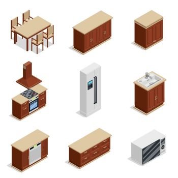 Kitchen Furniture Isometric Icons Set. Kitchen furniture isometric icons set with fridge and table isolated vector illustration